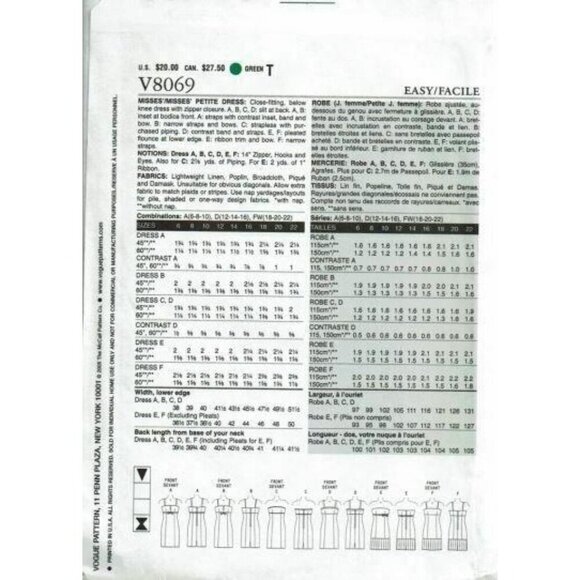 Vogue Easy Options Sewing Pattern V8069 Misses Petite Dresses Size 12-14-16 - Picture 2 of 2